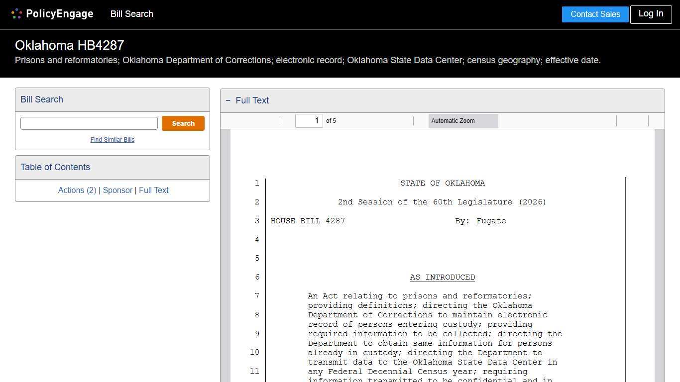 HB4287 | Oklahoma 2026 | Prisons and reformatories; Oklahoma Department of Corrections; electronic record; Oklahoma State Data Center; census geography; effective date. - Legislative Tracking | PolicyEngage