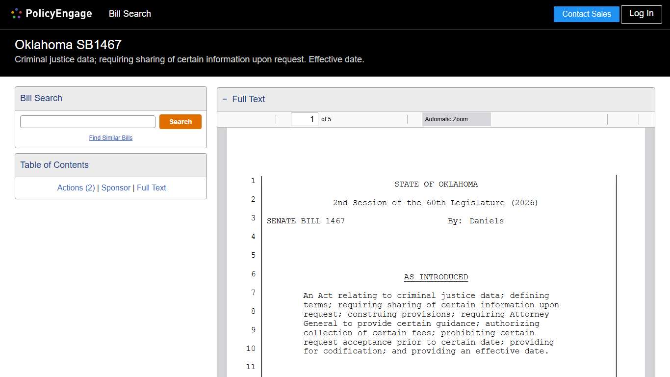 SB1467 | Oklahoma 2026 | Criminal justice data; requiring sharing of certain information upon request. Effective date. - Legislative Tracking | PolicyEngage
